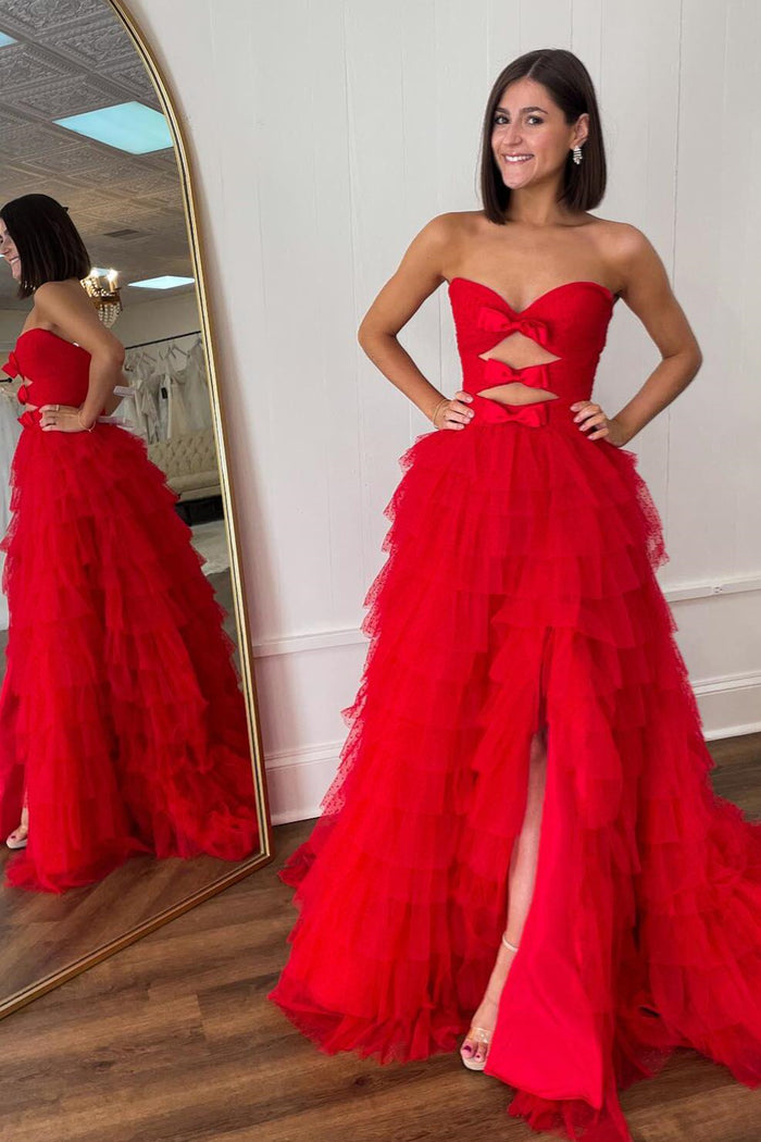 Red Strapless A-line Layers Bows Long Prom Dress with Slit