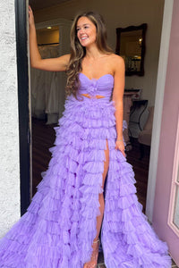 Lavender Strapless Layers A-line Ruffled Long Prom Dress with Slit