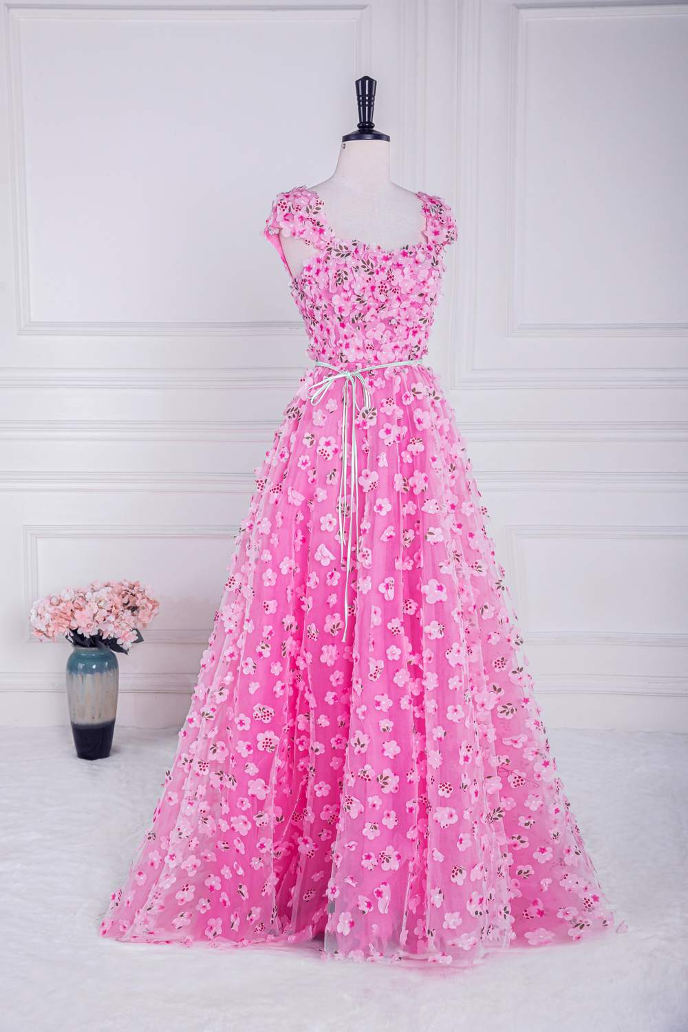 Pink 3D Floral Appliques A-line Long Prom Dress with Sash