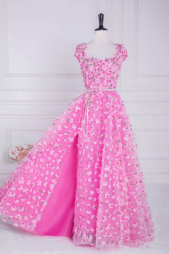 Pink 3D Floral Appliques A-line Long Prom Dress with Sash