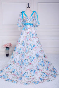 Blue and White Floral Bow Tie Straps A-line Long Prom Dress with Slit