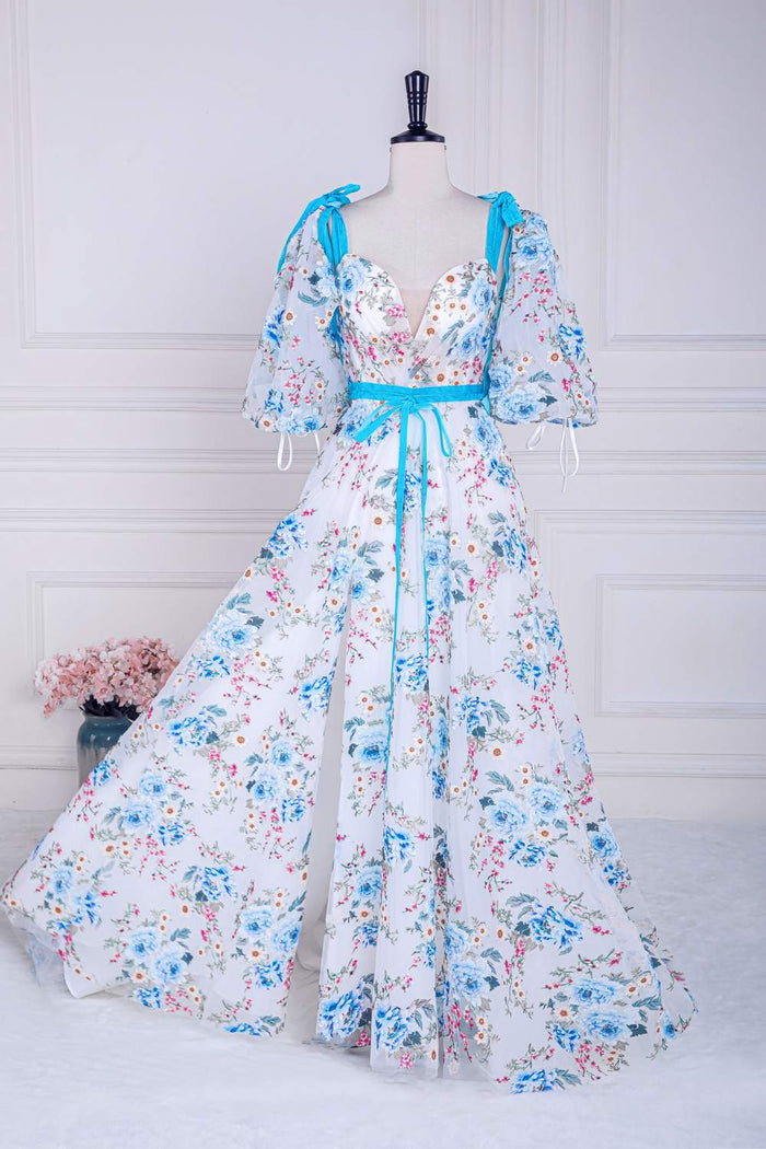 Blue and White Floral Bow Tie Straps A-line Long Prom Dress with Slit