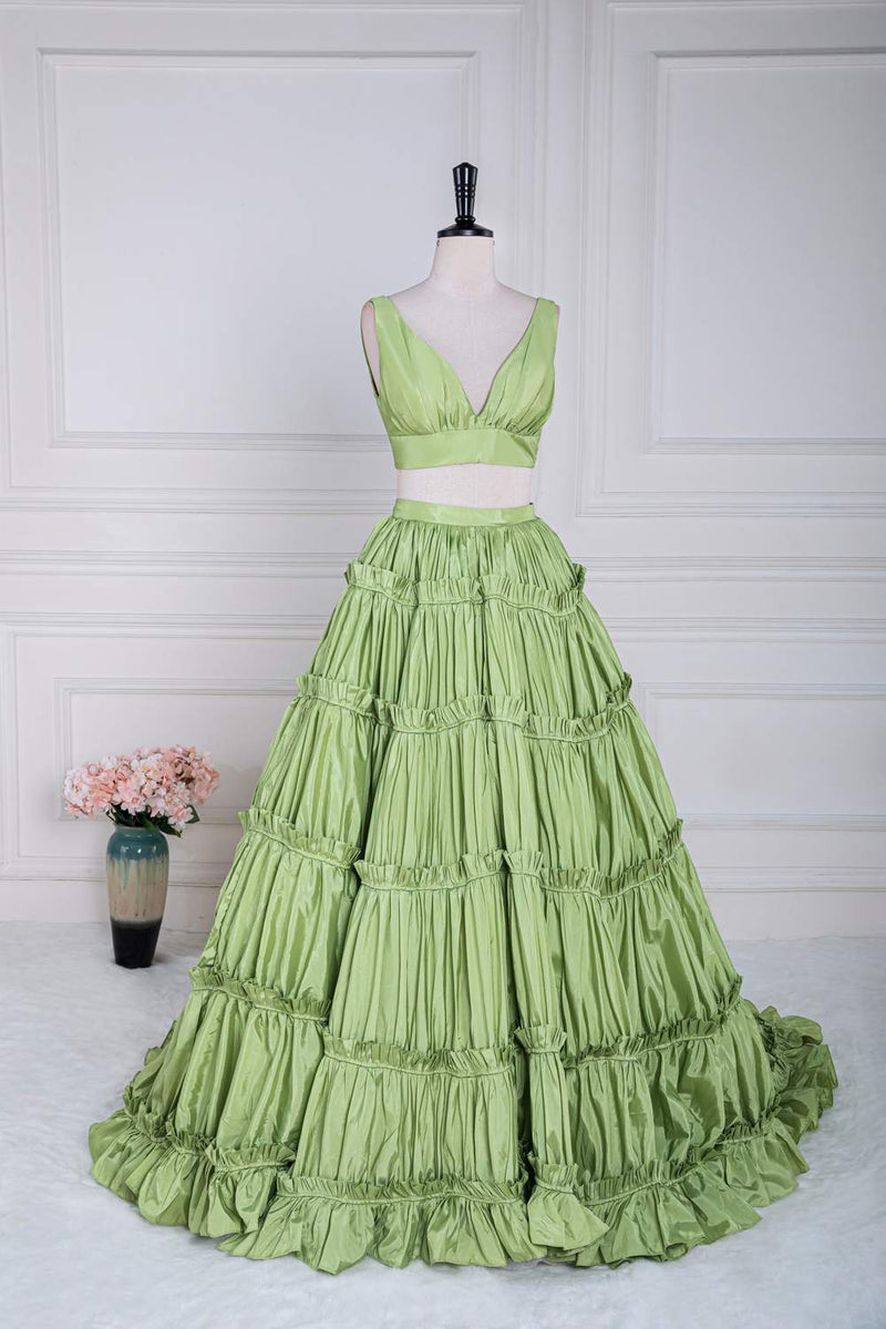 Green Two-Picec Ruffled A-line Long Prom Dress