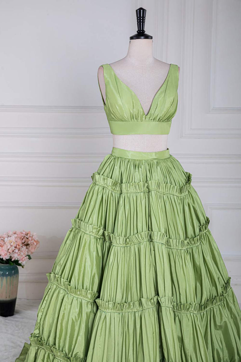 Green Two-Picec Ruffled A-line Long Prom Dress