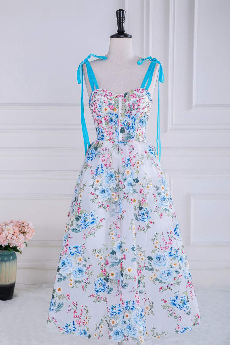 Blue and White Floral Bow Tie Straps A-line Tea-Length Prom Dress