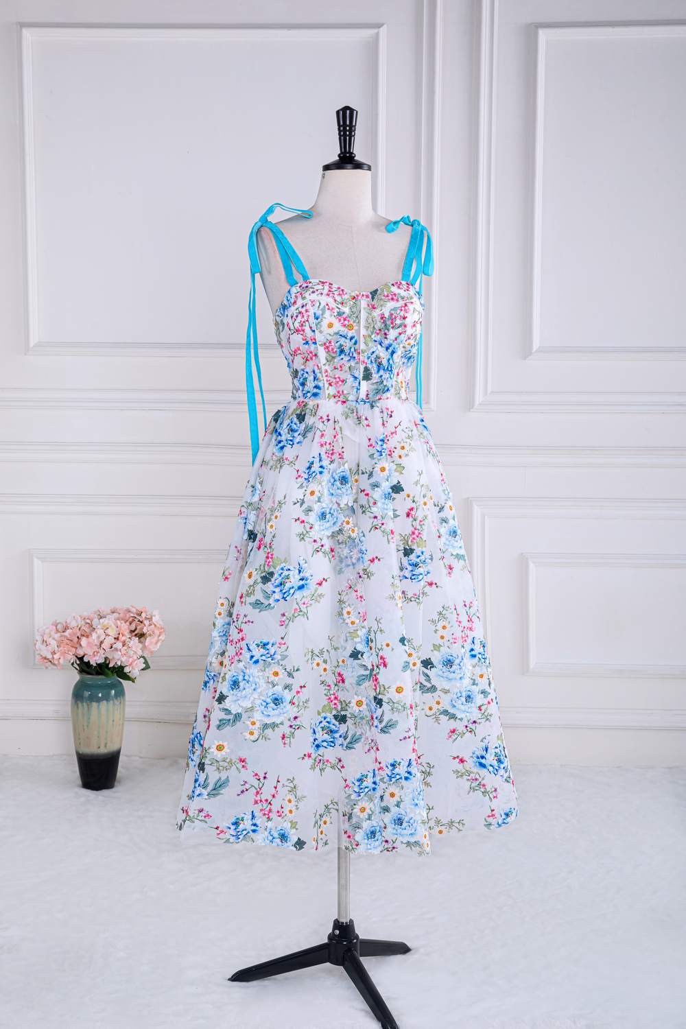 Blue and White Floral Bow Tie Straps A-line Tea-Length Prom
