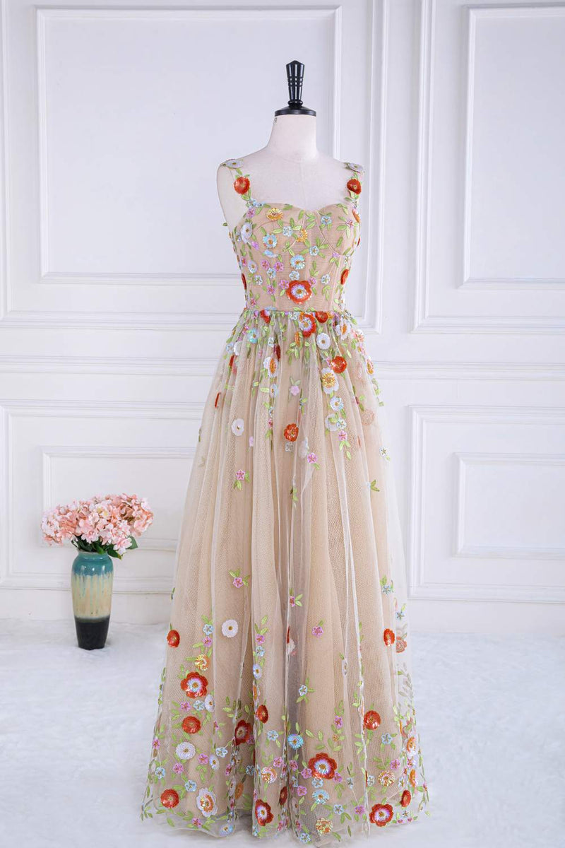 Dusty Pink Sequined Floral Appliques A-line Long Prom Dress