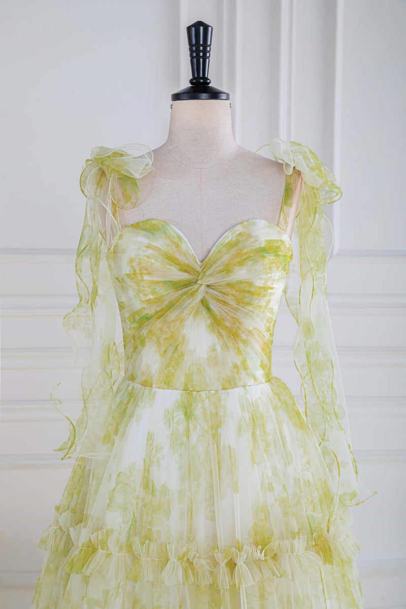 Light Yellow Floral Bow Tie Straps Ruffled A-line Long Prom Dress