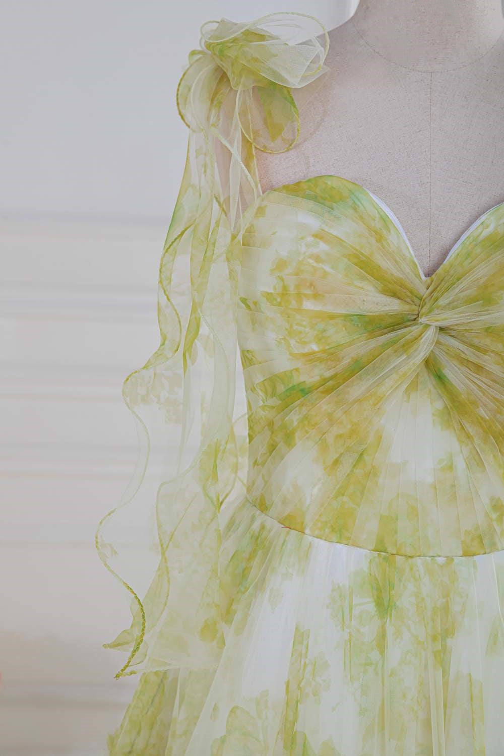 Light Yellow Floral Bow Tie Straps Ruffled A-line Long Prom Dress