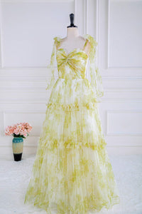 Light Yellow Floral Bow Tie Straps Ruffled A-line Long Prom Dress