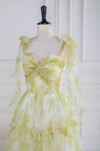 Light Yellow Floral Bow Tie Straps Ruffled A-line Long Prom Dress