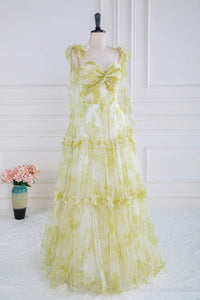 Light Yellow Floral Bow Tie Straps Ruffled A-line Long Prom Dress