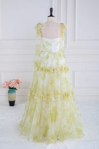 Light Yellow Floral Bow Tie Straps Ruffled A-line Long Prom Dress