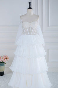 White Off-Shoulder Beaded Ruffled Layers Long Prom Dress