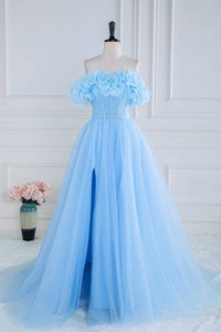 Light Blue Flowers Off-Shoulder A-line Long Prom Dress with Slit