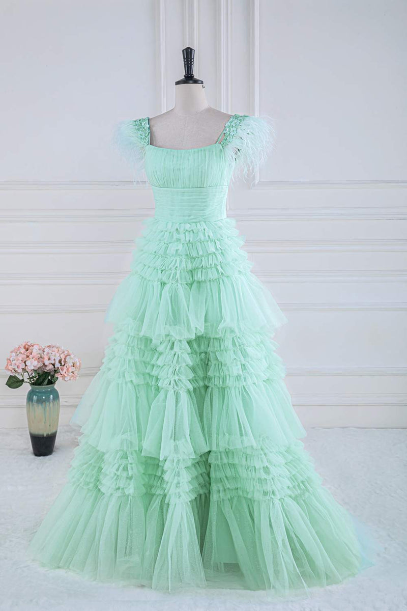 Mint Green Floral A-line Layers Long Prom Dress with Feather