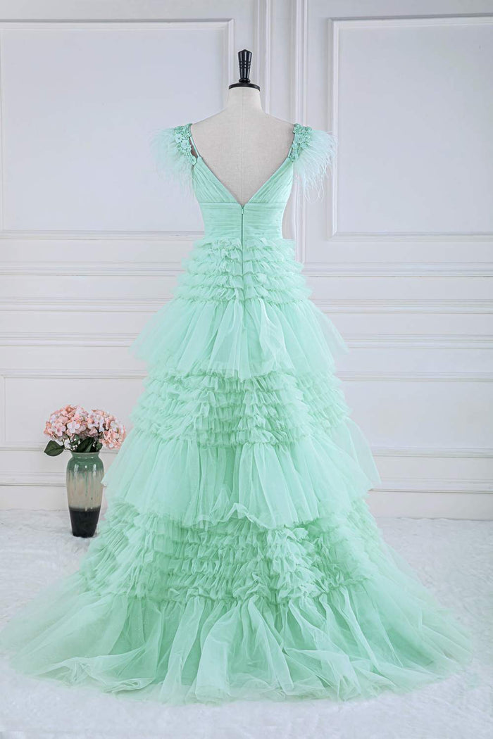 Mint Green Floral A-line Layers Long Prom Dress with Feather