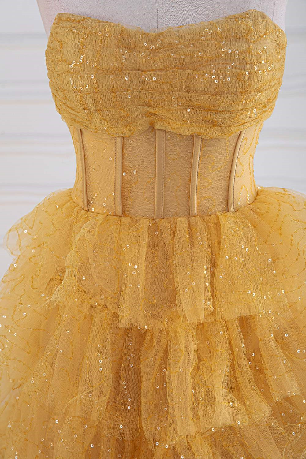 Sparkly Yellow Strapless Layers A-line Long Prom Dress