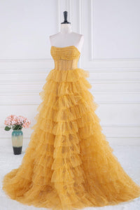 Sparkly Yellow Strapless Layers A-line Long Prom Dress