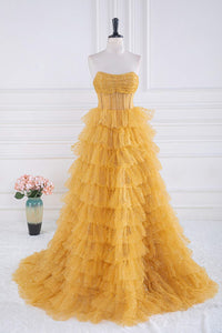 Sparkly Yellow Strapless Layers A-line Long Prom Dress