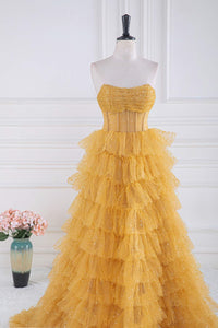 Sparkly Yellow Strapless Layers A-line Long Prom Dress