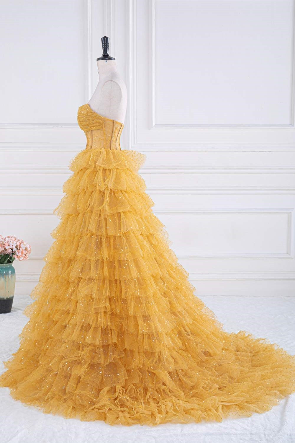 Sparkly Yellow Strapless Layers A-line Long Prom Dress