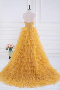 Sparkly Yellow Strapless Layers A-line Long Prom Dress