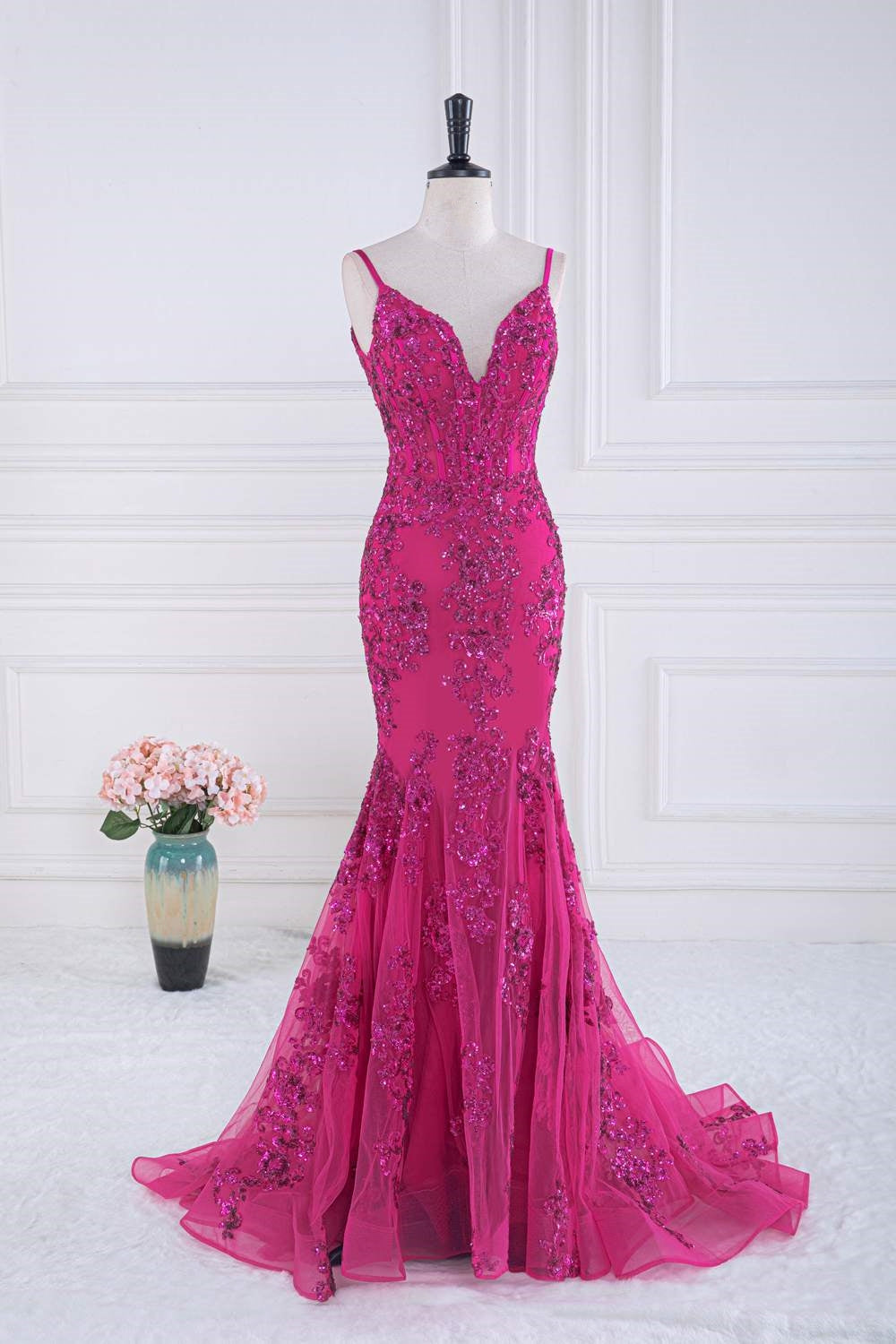 Fuchsia Spaghetti Straps Mermaid Sequined Embroidery Long Prom Dress