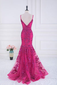 Fuchsia Spaghetti Straps Mermaid Sequined Embroidery Long Prom Dress