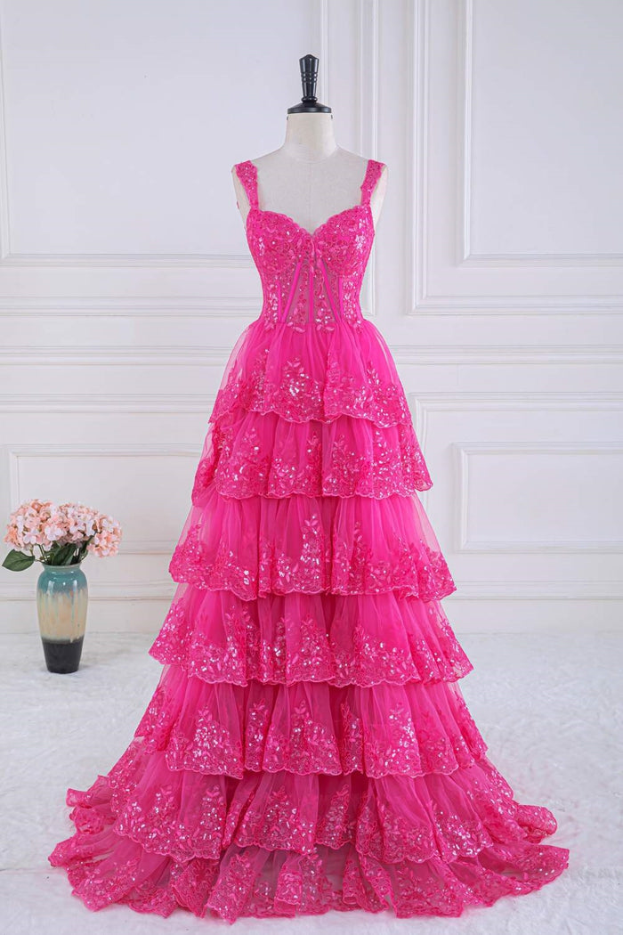 Hot Pink Sequined Floral Layers Long Prom Dress