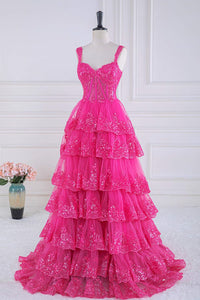 Hot Pink Sequined Floral Layers Long Prom Dress