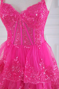 Hot Pink Sequined Floral Layers Long Prom Dress