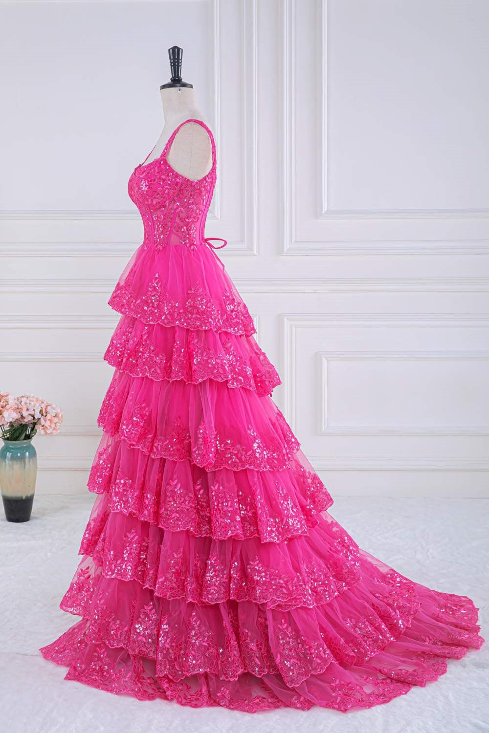 Hot Pink Sequined Floral Layers Long Prom Dress