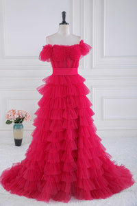 Fuchsia Off-Shoulder Layers Ruffled A-line Long Prom Dress