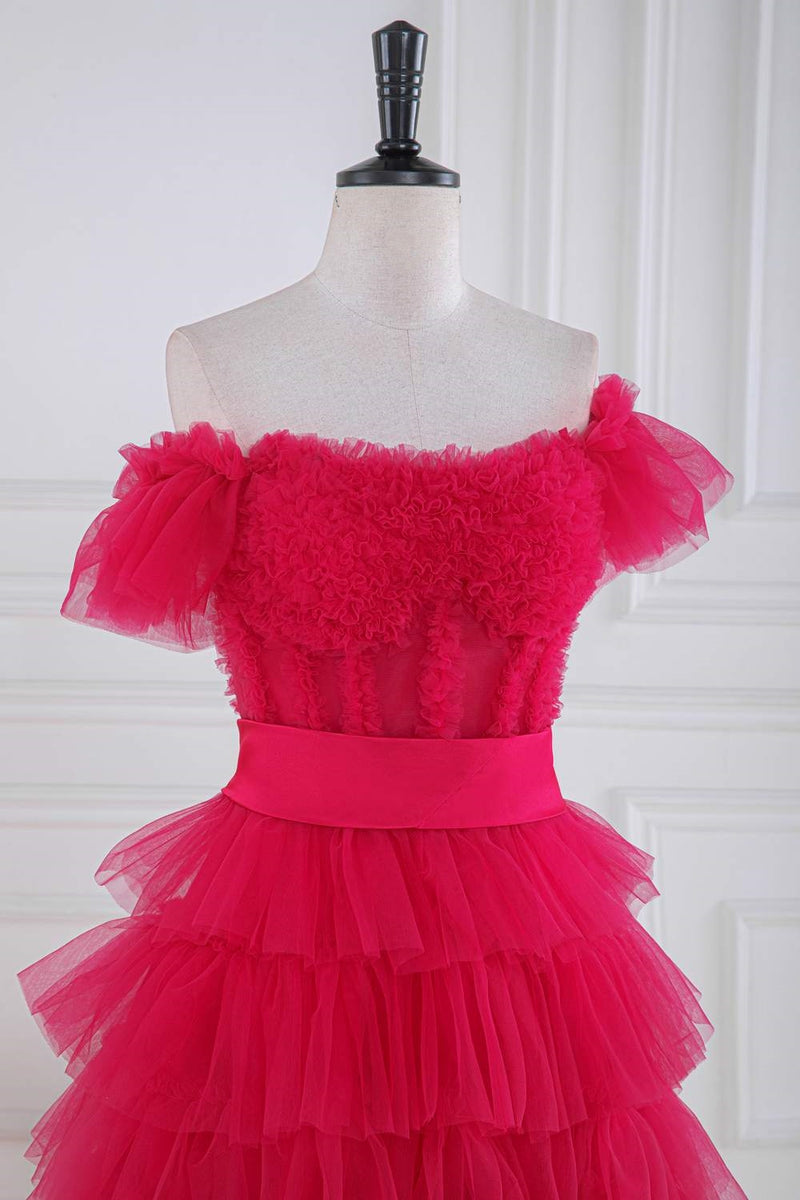 Fuchsia Off-Shoulder Layers Ruffled A-line Long Prom Dress