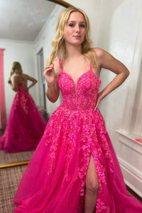 Hot Pink Floral A-line Layers Long Prom Dress with Slit