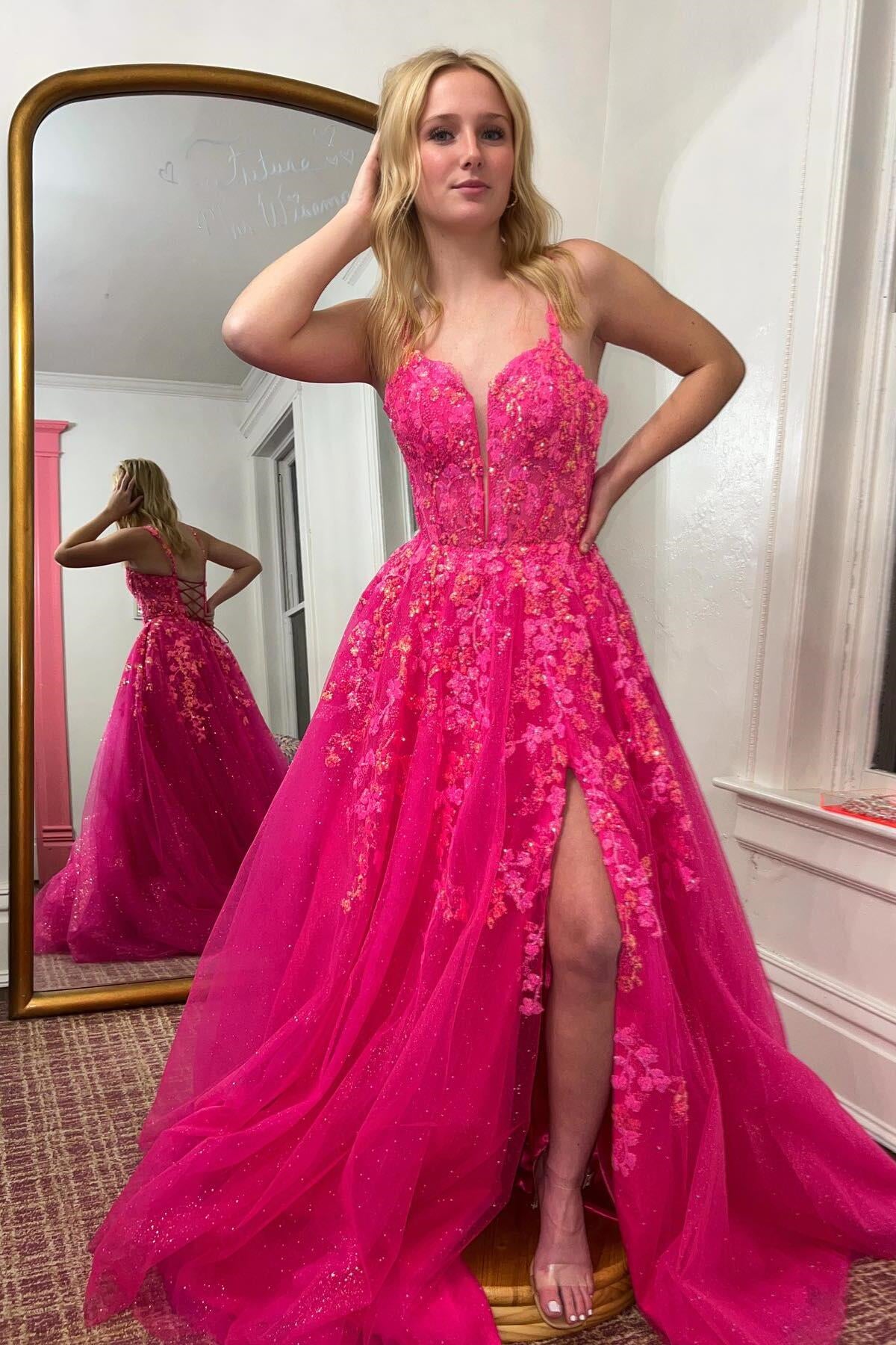 Hot Pink Floral A-line Layers Long Prom Dress with Slit