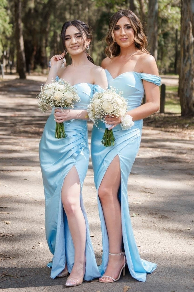 Blue Off-the-Shoulder Pleated Long Bridesmaid Dress with Slit