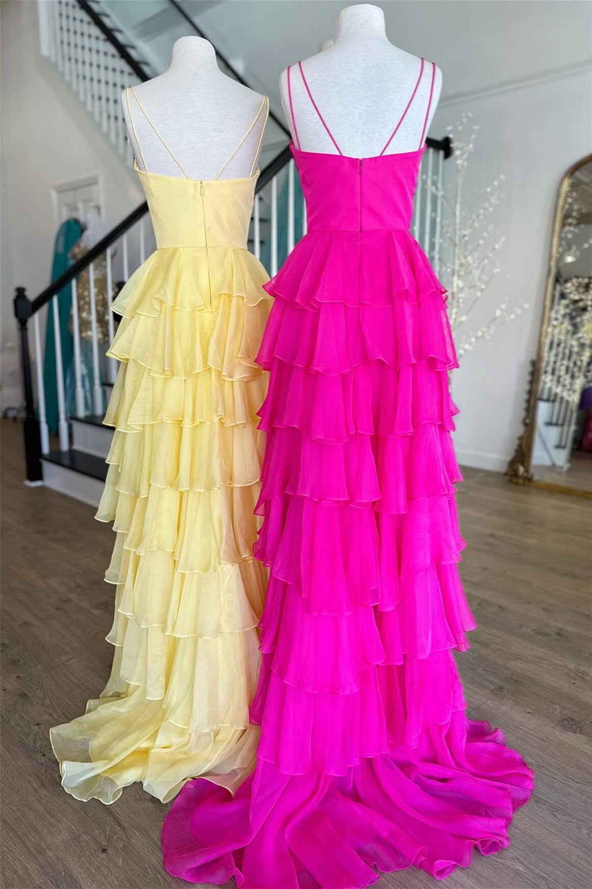 Fuchsia Straps A-line Layers Long Prom Dress
