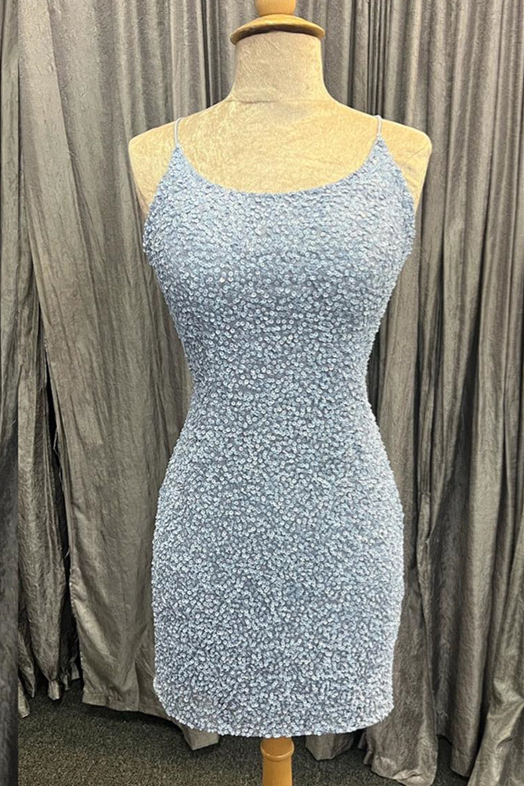 Light Blue Lace-Up Sequins Sheath Homecoming Dress