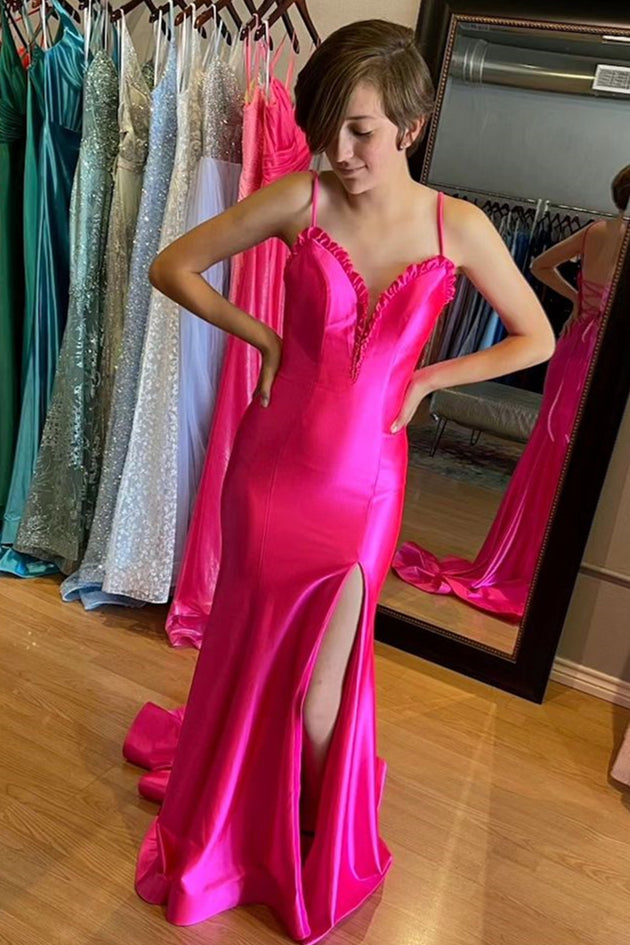 Fuchsia Ruffled Plunging V Mermaid Satin Long Prom Dress with Slit