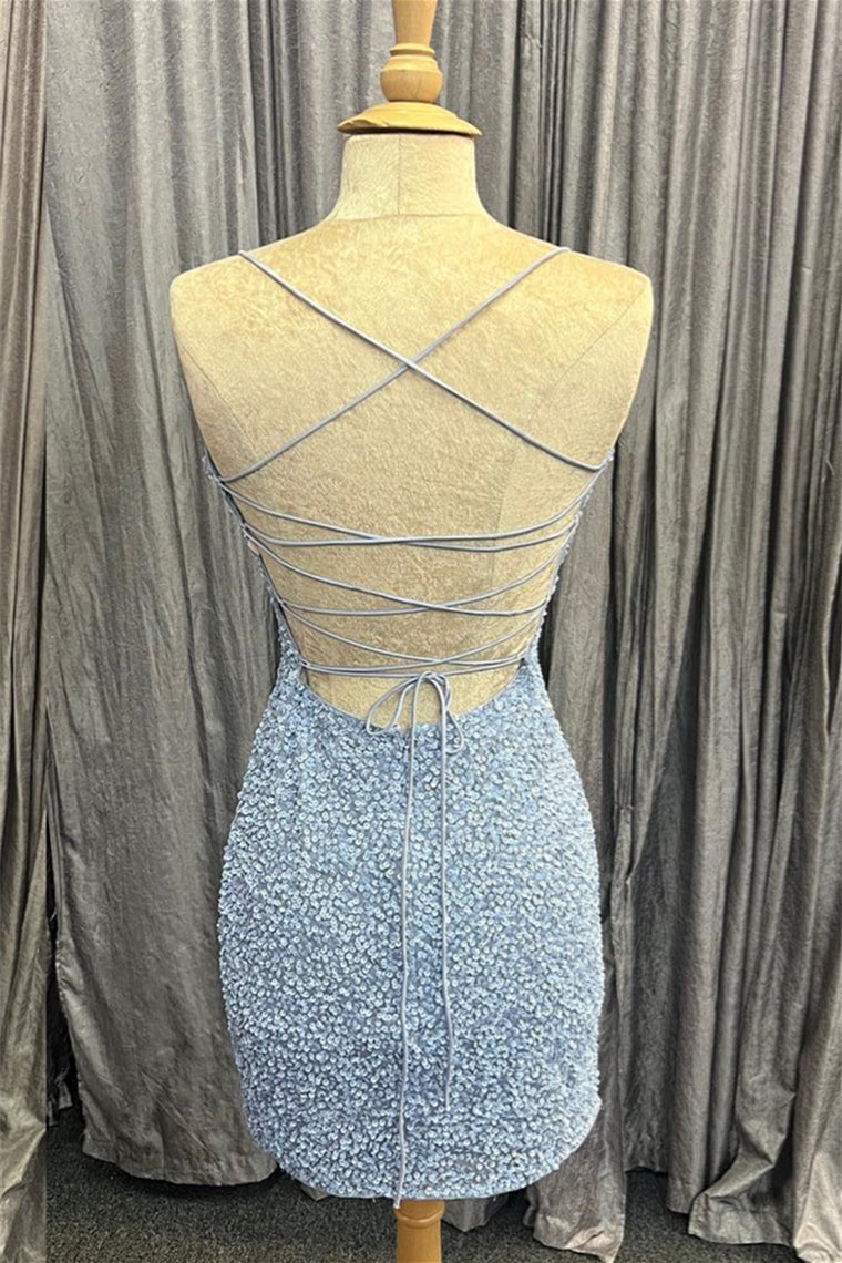 Light Blue Lace-Up Sequins Sheath Homecoming Dress