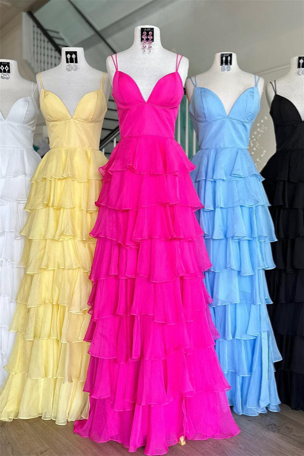 Fuchsia Straps A-line Layers Long Prom Dress