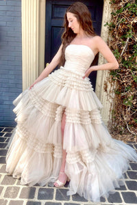 Ivory Strapless A-line Multi-Layers Tulle Long Prom Dress with Slit
