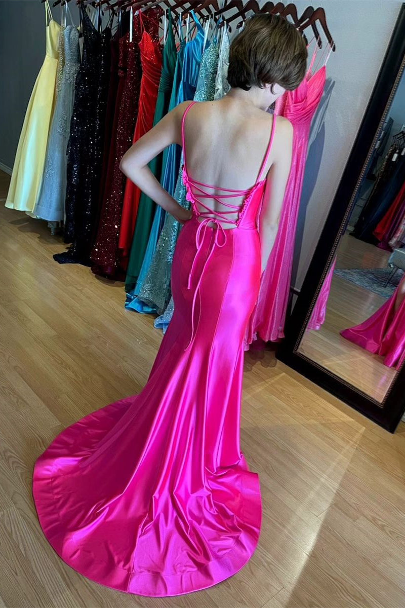 Fuchsia Ruffled Plunging V Mermaid Satin Long Prom Dress with Slit