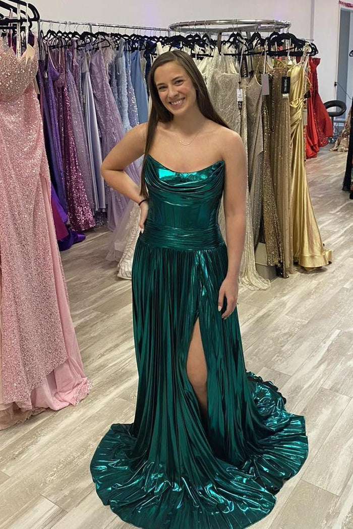 Ruched Strapless Green Metallic A-line Long Formal Dress