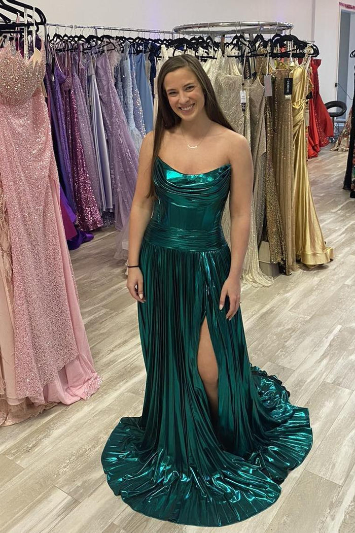 Ruched Strapless Green Metallic A-line Long Formal Dress