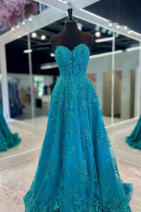 Sweetheart Blue Lace Appliques A-line Long Formal Dress