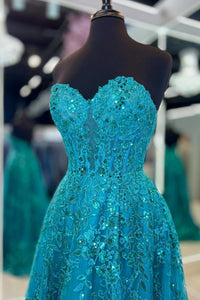 Sweetheart Blue Lace Appliques A-line Long Formal Dress