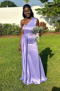 One Shoulder Purple Sheath Long Bridesmaid Dress